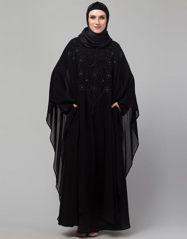 Dubai Black Shine Nida Black Embroidery Abaya Front View